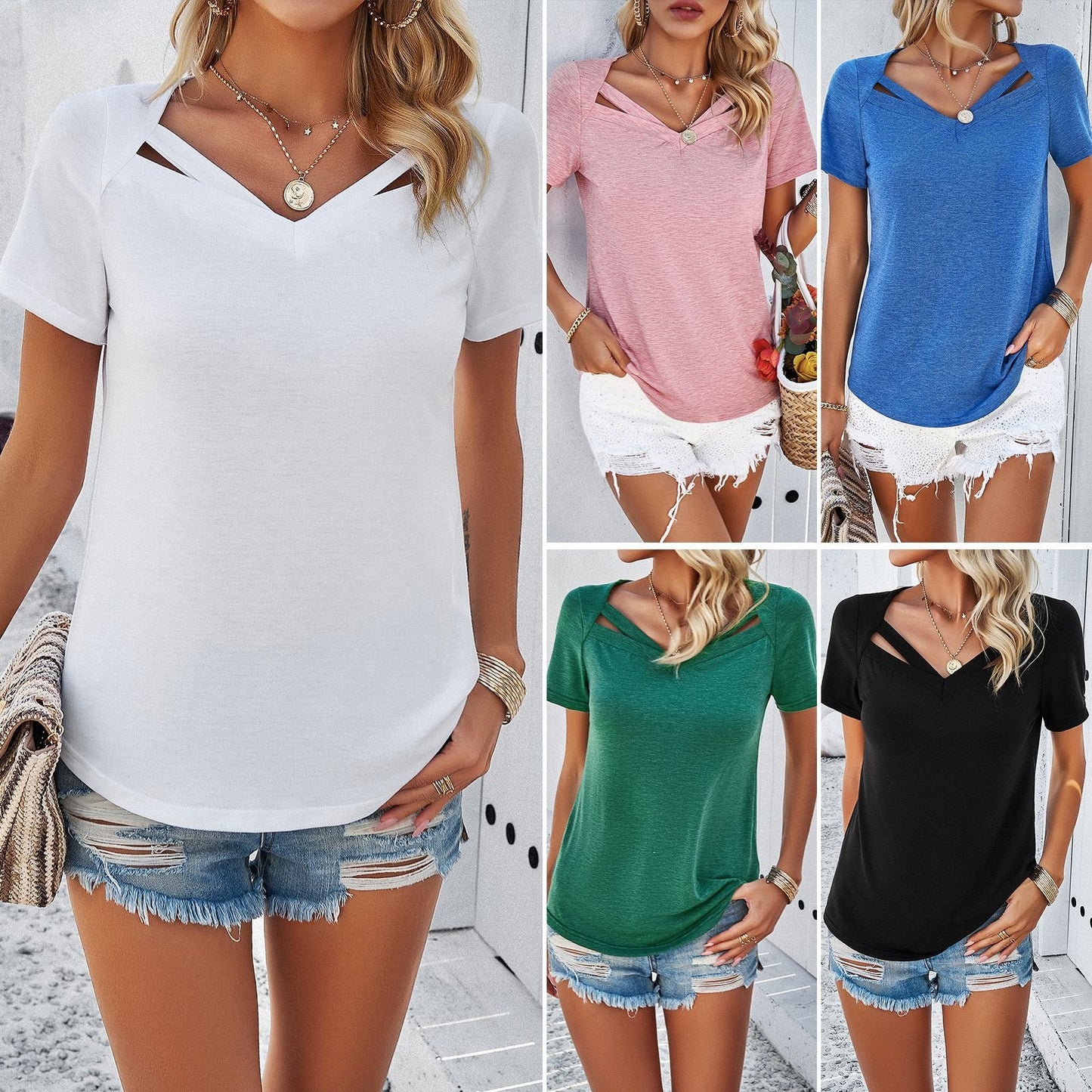 casual effen T-shirt met korte mouwen en V-hals