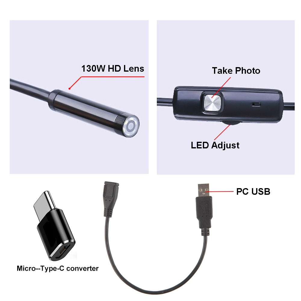 LED Endoscoopcamera voor in de Auto - Waterdicht, Verstelbare Draad, 6 LED's, Android Type-C USB