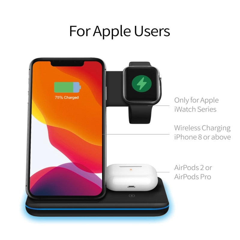 3-in-1 Multifunctionele Draadloze Oplader - Laad je iPhone, Apple Watch en Airpods Pro Tegelijkertijd Op!